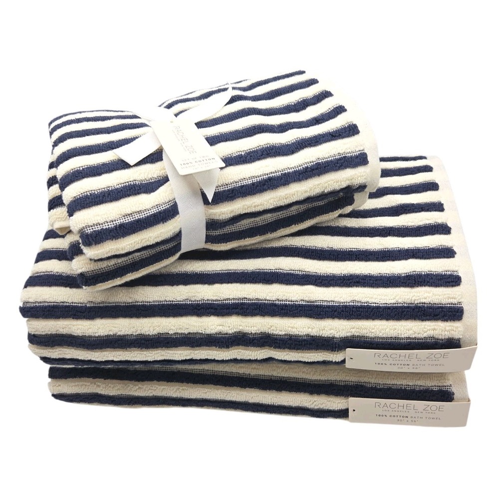 Rachel Zoe 4pc Navy Blue Cream Striped 100% Cotton Bath Towels Set 2 Bath 2 Hand